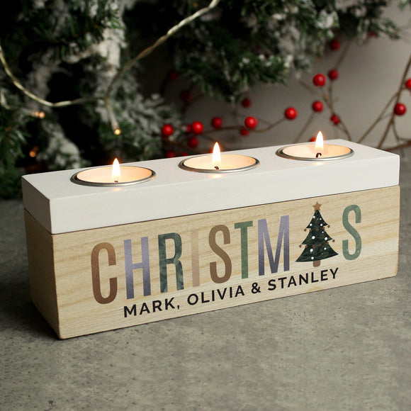 Personalised Christmas Tree Triple Tea Light Box - The Flower & Gift Yard