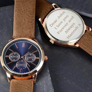 Personalised Mens Rose Gold Tone Watch with Brown Strap - The Flower & Gift Yard