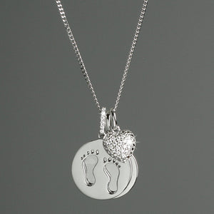 Personalised Sterling Silver Footprints and Cubic Zirconia Heart Necklace - The Flower & Gift Yard