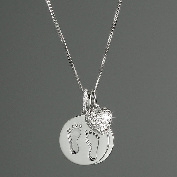 Personalised Sterling Silver Footprints and Cubic Zirconia Heart Necklace - The Flower & Gift Yard
